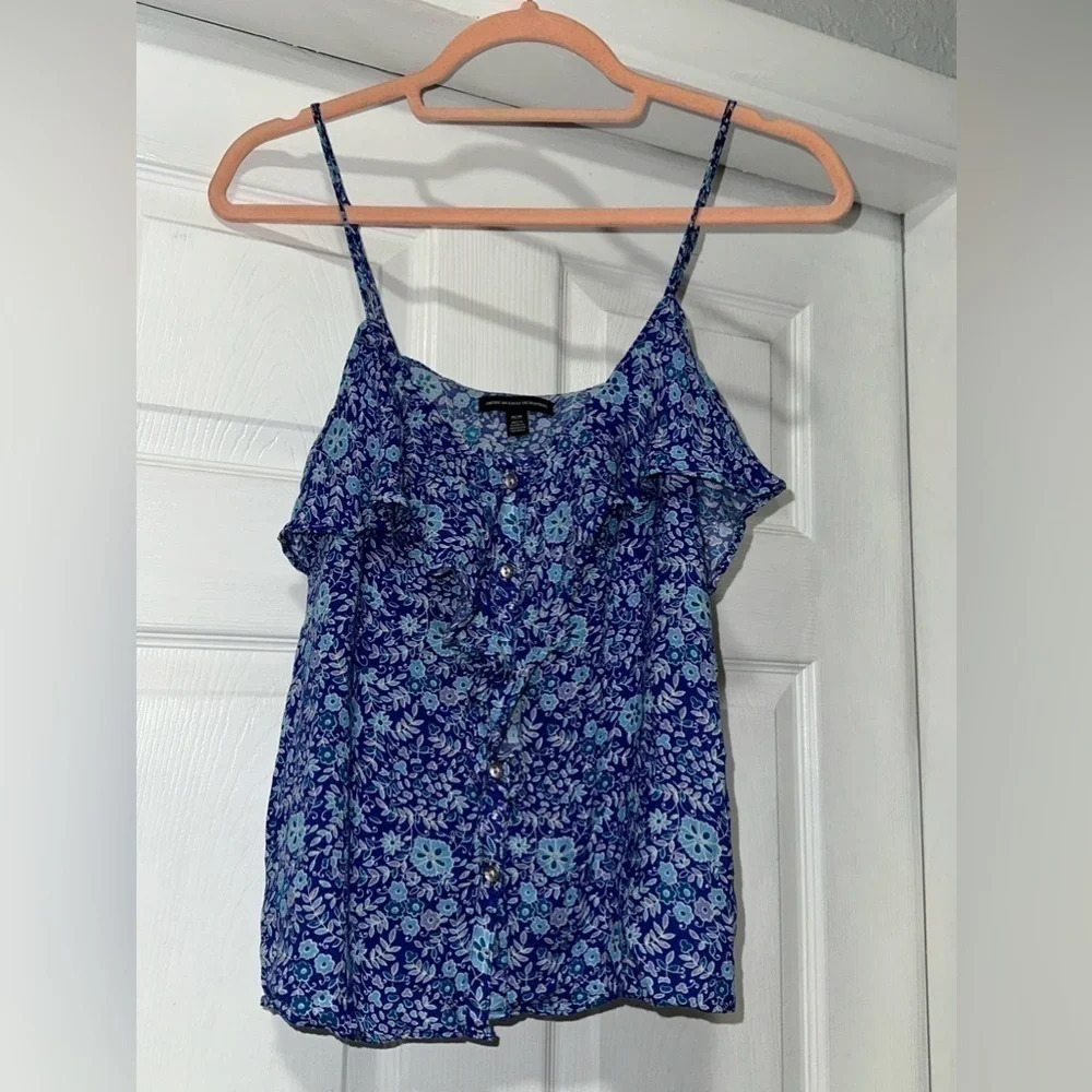 American Eagle Blue Floral Top with Spaghetti Straps